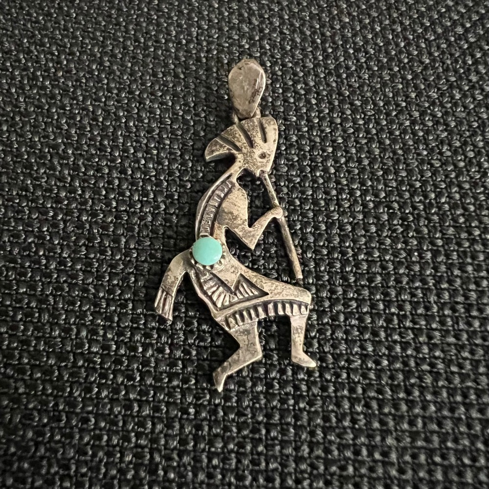 Vintage 925 Sterling Silver Turquoise Kokopelli Pendant 1.75" 4 grams